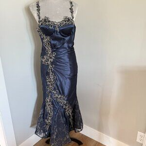 Formal Prom Homecoming Gown Dress Navy With Aplique & Lace 3/4 Length Size XS